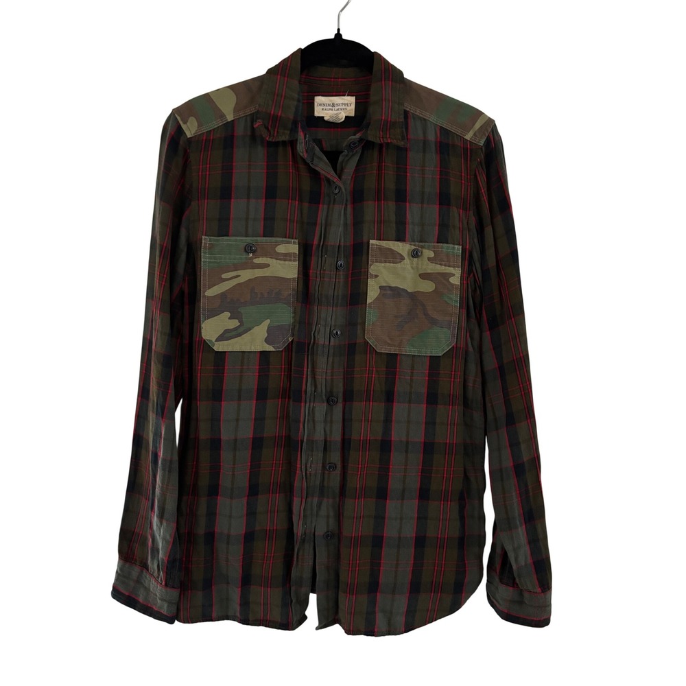 Denim & Supply Ralph Lauren Plaid Camo Mixed Media Flannel Shirt Green Red M